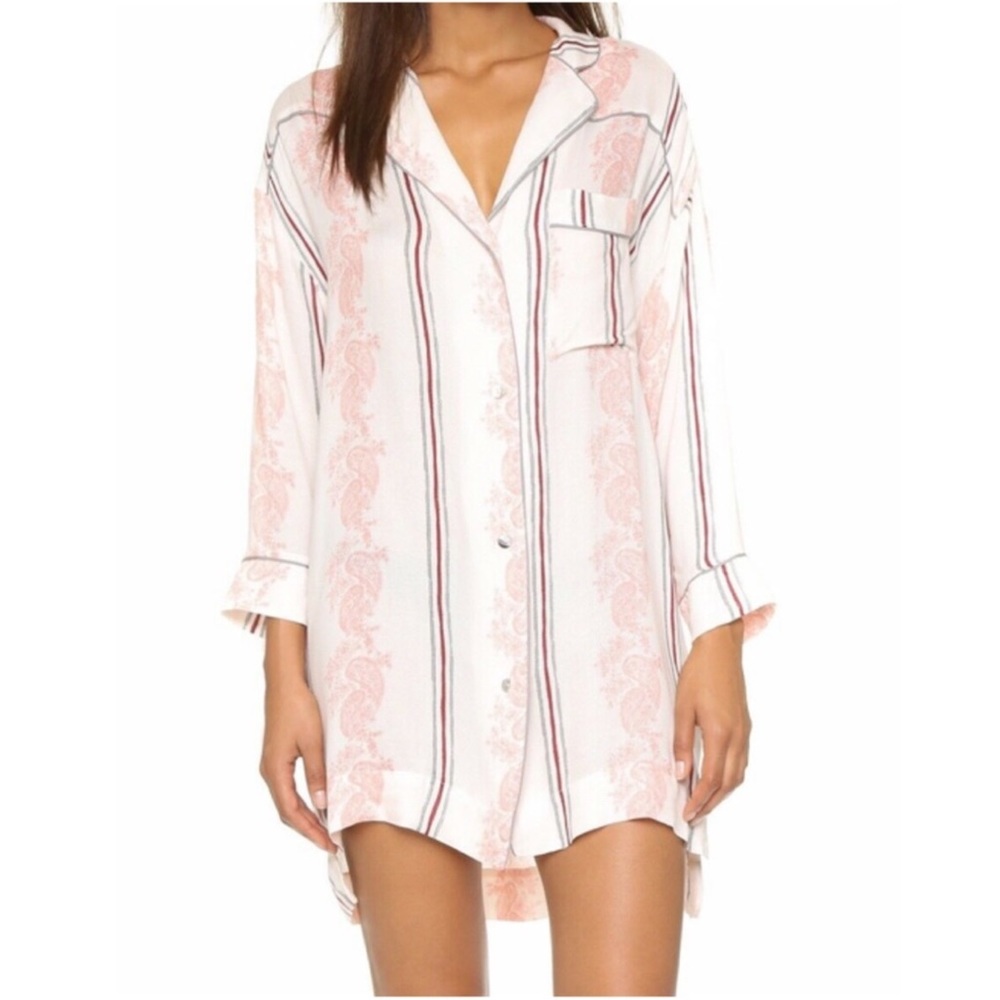 FREE PEOPLE Intimately Long Sleeve Paisley Print Night Shirt, Gardenia Combo, XS